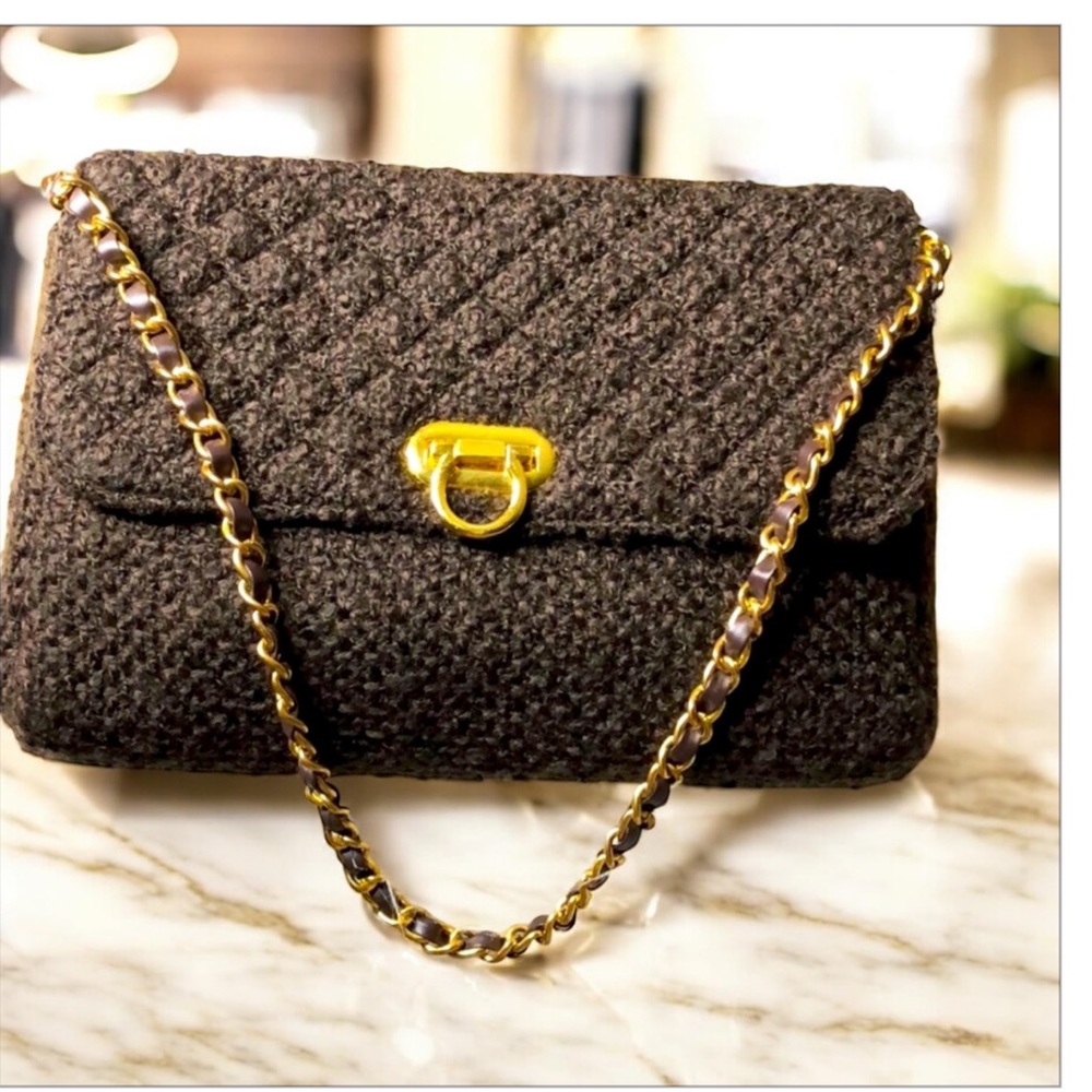 Vintage Joan Rivers Classics Brown Woven Tweed Shoulder Bag Gold Chain Y2K